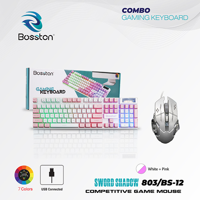 [BEST-SELLING] Combo bàn Phím Giả Cơ Bosston 803 + Mouse Gaming BS12 Ledlight White - Pink